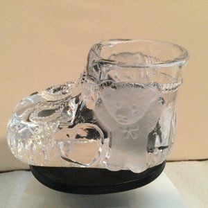 Crystal clear Baby Bootie shoe vase with Teddy Bears , Hearts ribbon heavy